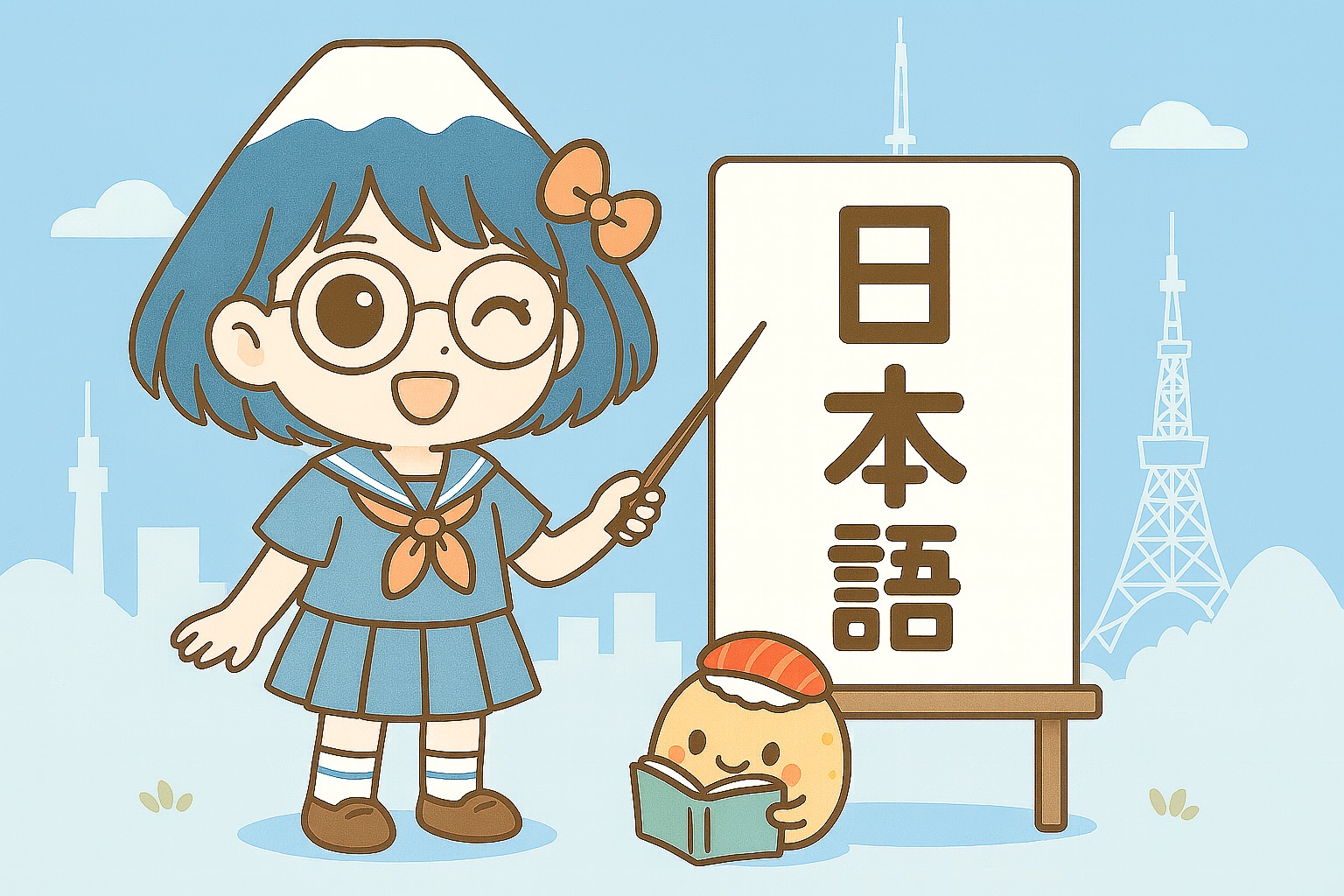 Cute anime-style mascot pointing to a Japanese language signboard – Nihonez Japanese learning platform